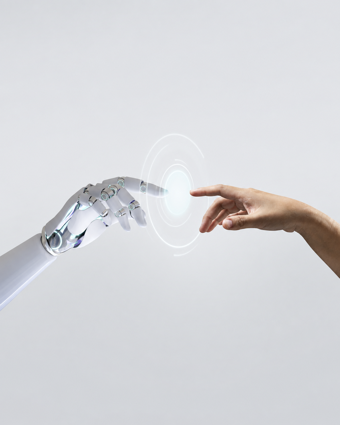 A human hand and robotic hand connecting through a digital interface