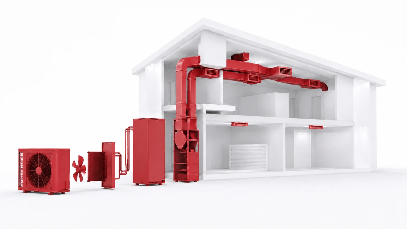 White architectural HVAC system with a distinct crimson service-system highlight